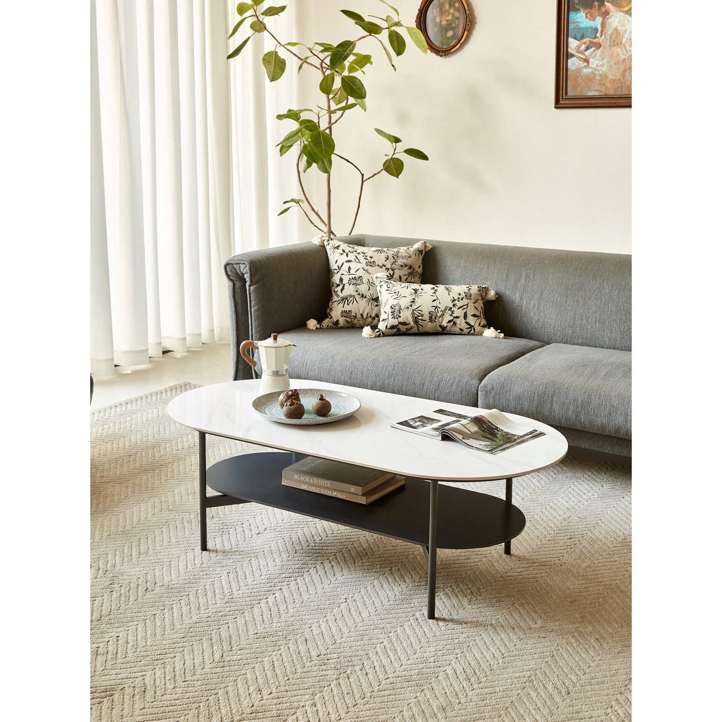 Elegant Ceramic Coffee Table With Walnut Finish Bottom Shelf And Metal Frame For Living Room And Office, Modern Design, Easy Assembly