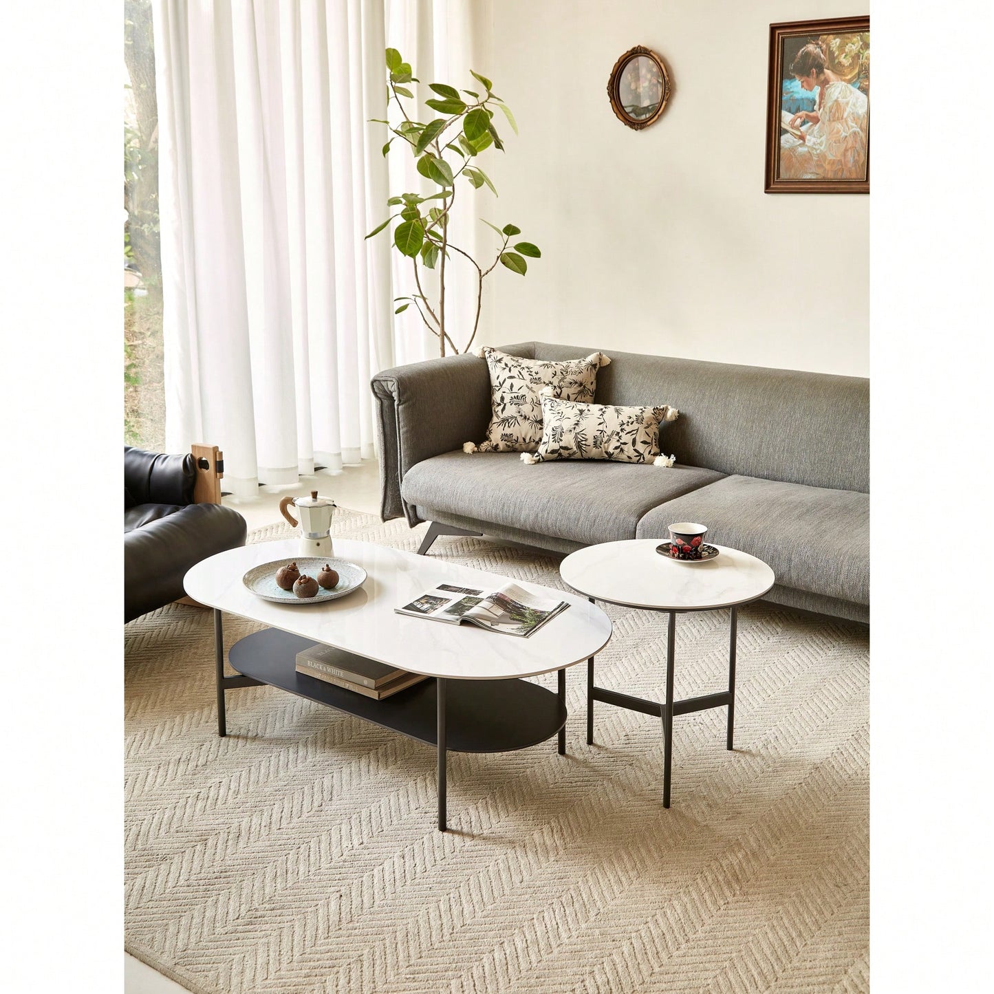 Elegant Ceramic Coffee Table With Walnut Finish Bottom Shelf And Metal Frame For Living Room And Office, Modern Design, Easy Assembly