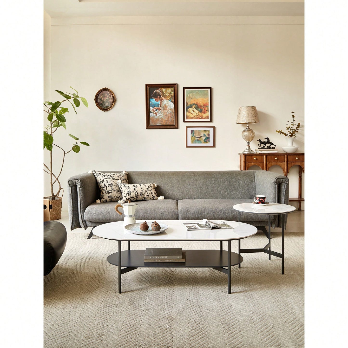 Elegant Ceramic Coffee Table With Walnut Finish Bottom Shelf And Metal Frame For Living Room And Office, Modern Design, Easy Assembly