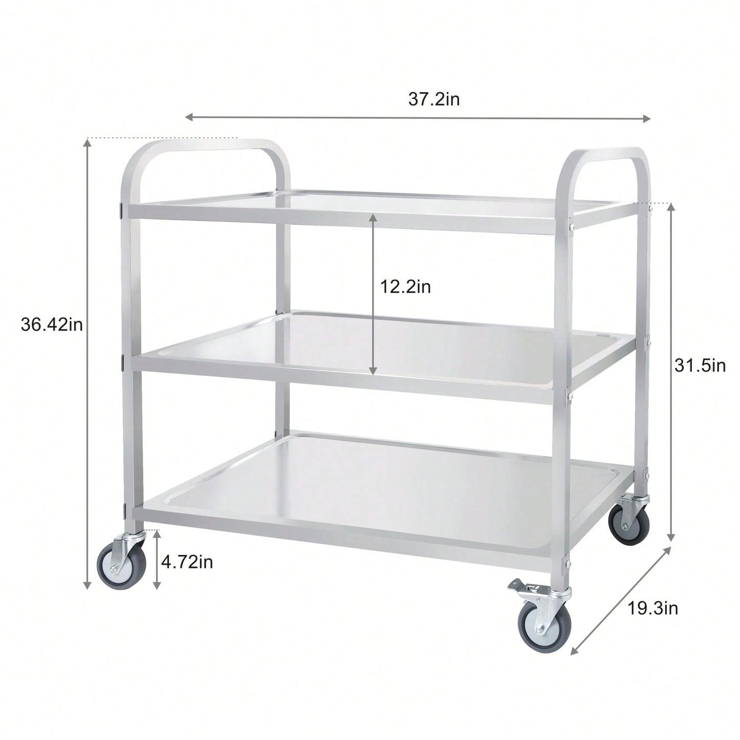 Heavy-Duty 3-Tier Stainless Steel Rolling Cart with Locking Wheels for Kitchen and Service Use 400 LBS Capacity