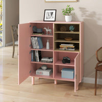 Multifunctional Modern Wooden Storage Cabinet With Leather Handles And Open Compartments For Home And Office Organization