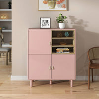 Multifunctional Modern Wooden Storage Cabinet With Leather Handles And Open Compartments For Home And Office Organization