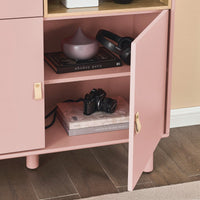 Multifunctional Modern Wooden Storage Cabinet With Leather Handles And Open Compartments For Home And Office Organization