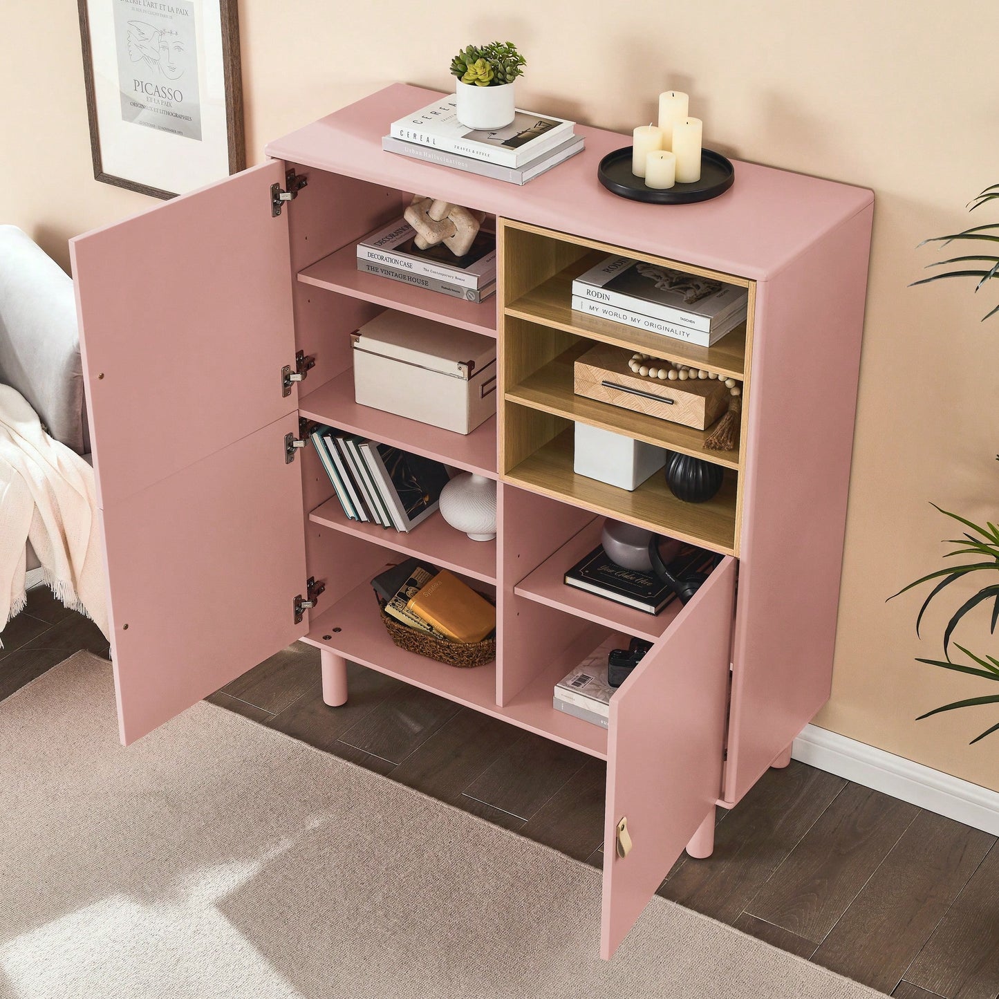 Multifunctional Modern Wooden Storage Cabinet With Leather Handles And Open Compartments For Home And Office Organization