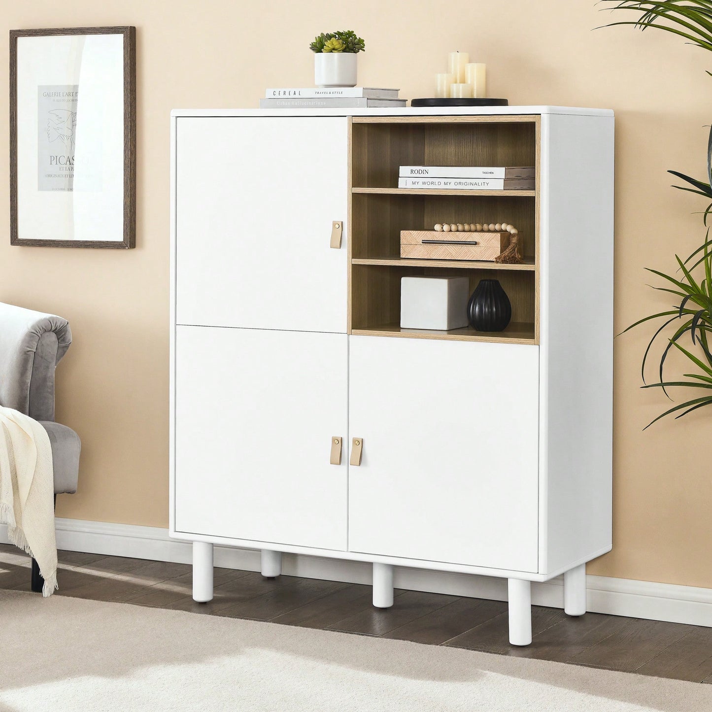 Multifunctional Modern Wooden Storage Cabinet With Leather Handles And Open Compartments For Home And Office Organization