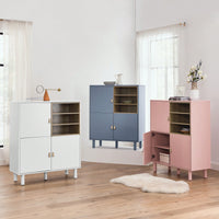 Multifunctional Modern Wooden Storage Cabinet With Leather Handles And Open Compartments For Home And Office Organization