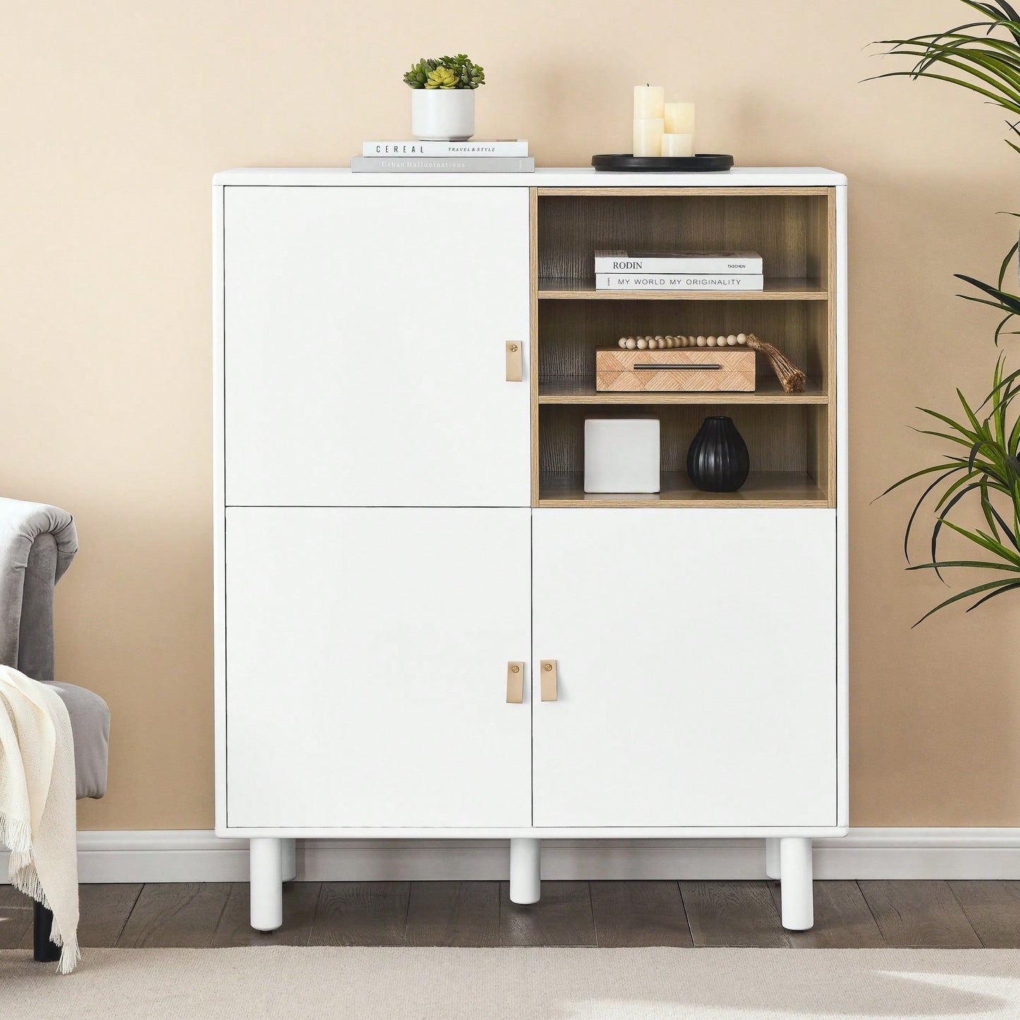 Multifunctional Modern Wooden Storage Cabinet With Leather Handles And Open Compartments For Home And Office Organization