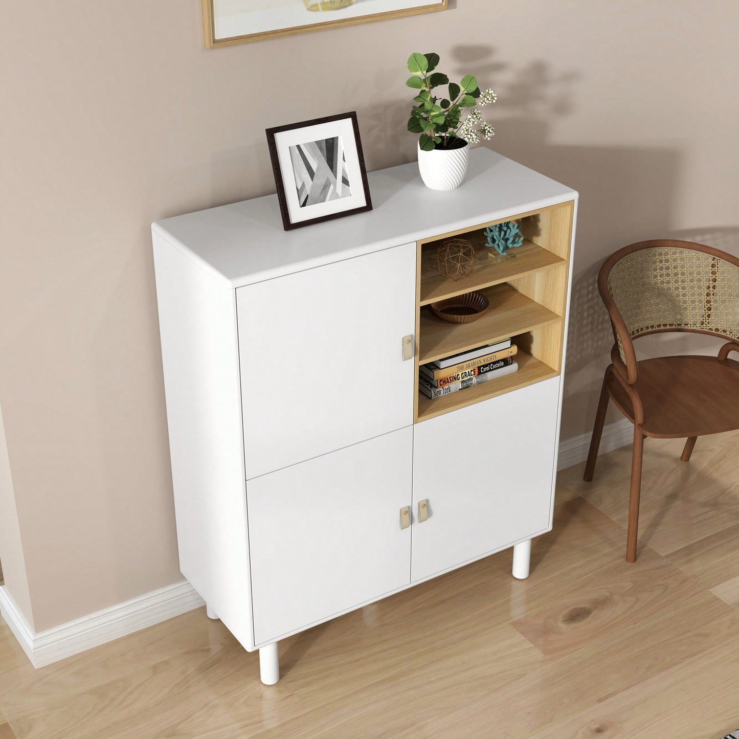 Multifunctional Modern Wooden Storage Cabinet With Leather Handles And Open Compartments For Home And Office Organization