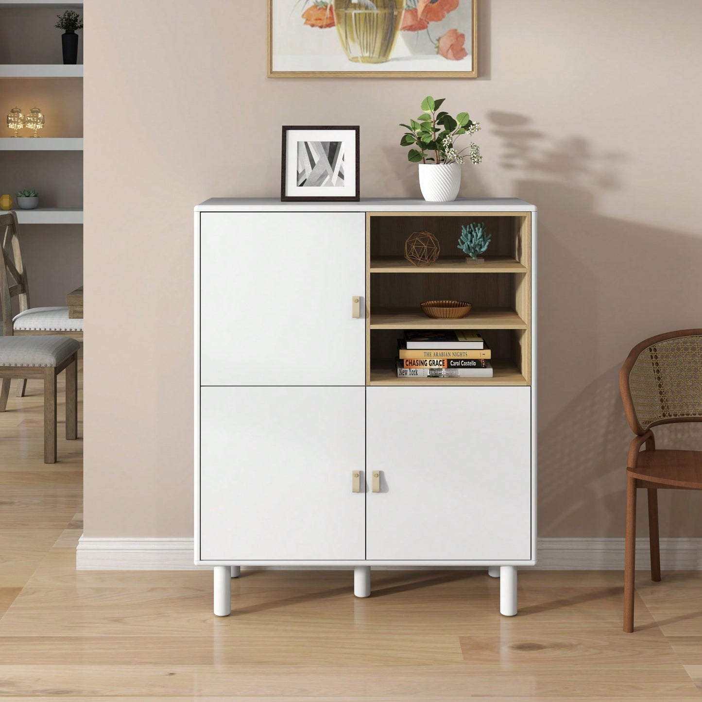 Multifunctional Modern Wooden Storage Cabinet With Leather Handles And Open Compartments For Home And Office Organization