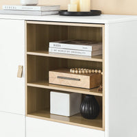 Multifunctional Modern Wooden Storage Cabinet With Leather Handles And Open Compartments For Home And Office Organization