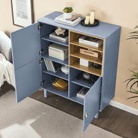 Multifunctional Modern Wooden Storage Cabinet With Leather Handles And Open Compartments For Home And Office Organization