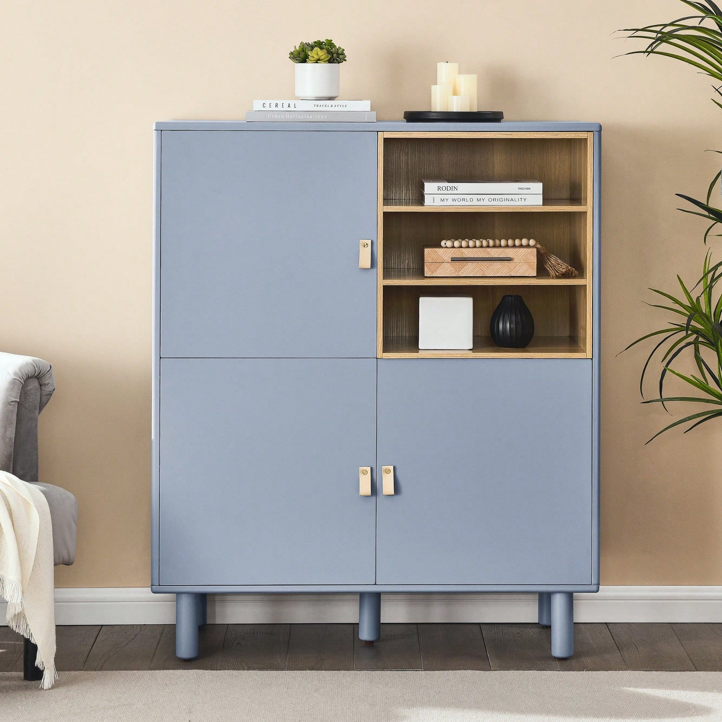 Multifunctional Modern Wooden Storage Cabinet With Leather Handles And Open Compartments For Home And Office Organization