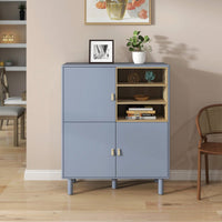 Multifunctional Modern Wooden Storage Cabinet With Leather Handles And Open Compartments For Home And Office Organization