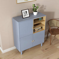 Multifunctional Modern Wooden Storage Cabinet With Leather Handles And Open Compartments For Home And Office Organization