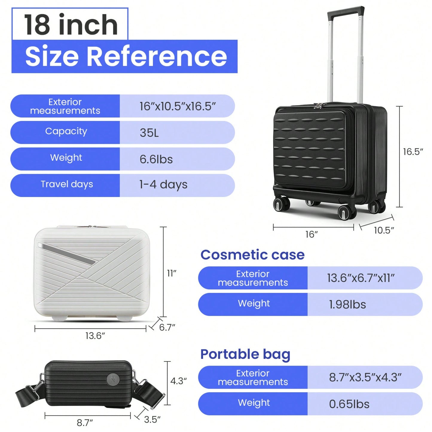 18 Inch Lightweight Hard Shell Carry On Luggage with Front Compartment TSA Lock Spinner Wheels for Men and Women