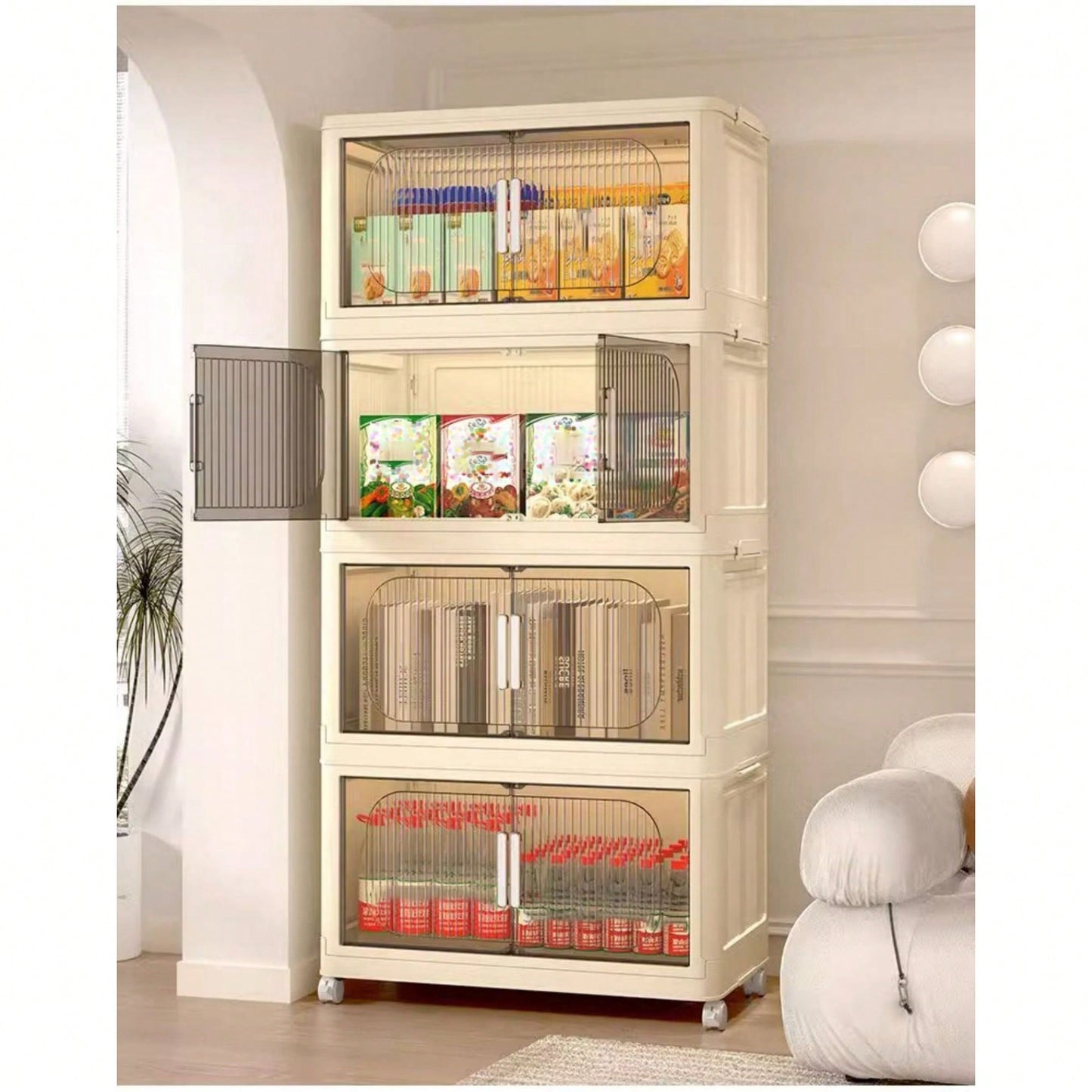 19.69 Inch Wide Folding Storage Cabinet 4 Tiers Collapsible Container With Magnetic Door And Wheels Ideal For Home Organization