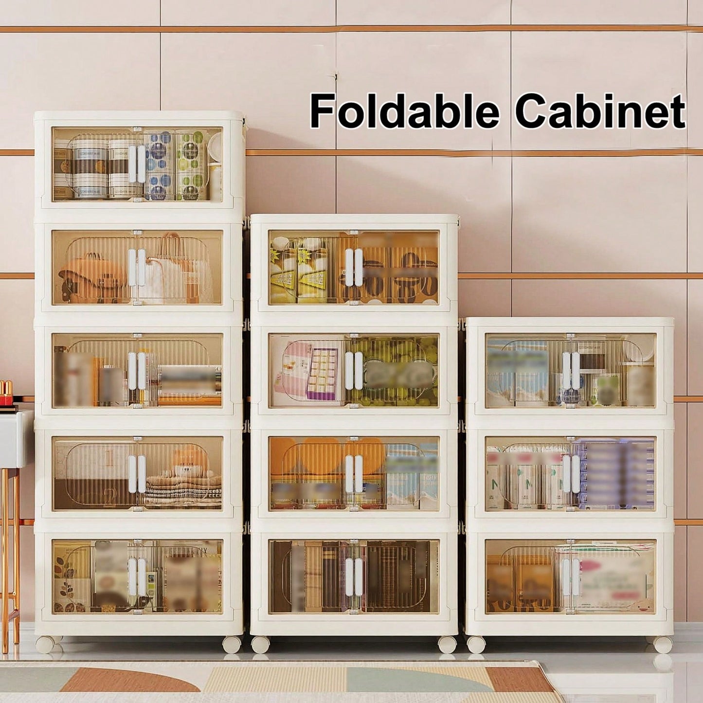 19.69 Inch Wide Folding Storage Cabinet 4 Tiers Collapsible Container With Magnetic Door And Wheels Ideal For Home Organization