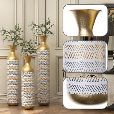 Oversized Handmade Gold Floor Vase Set Of 3 - Vintage Metal Vases For Dried Flowers Pampas Grass Rustic Home Decor