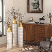 Elegant Set Of 3 Tall White Metal Vases With Gold Accents For Glamorous Home Decor - 24in, 28.7in, 33.5in Height