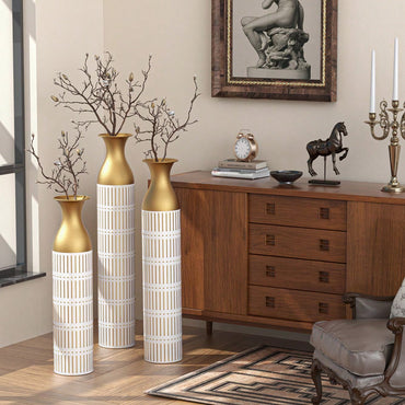 Elegant Set Of 3 Tall White Metal Vases With Gold Accents For Glamorous Home Decor - 24in, 28.7in, 33.5in Height