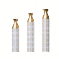 Elegant Set Of 3 Tall White Metal Vases With Gold Accents For Glamorous Home Decor - 24in, 28.7in, 33.5in Height