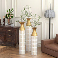 Elegant Set Of 3 Tall White Metal Vases With Gold Accents For Glamorous Home Decor - 24in, 28.7in, 33.5in Height
