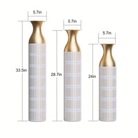 Elegant Set Of 3 Tall White Metal Vases With Gold Accents For Glamorous Home Decor - 24in, 28.7in, 33.5in Height