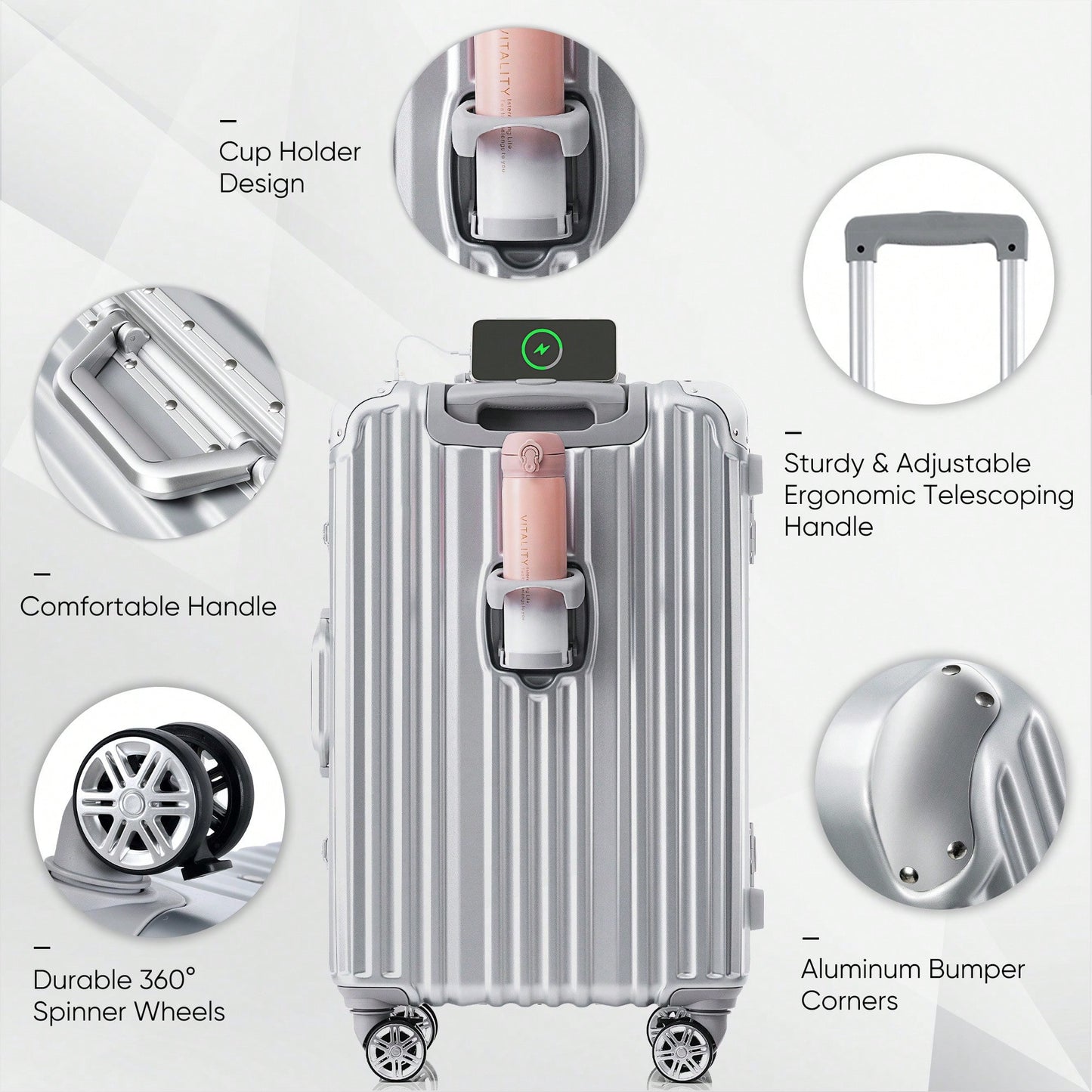 20in Aluminum Carry-On Luggage with USB Port Spinner Wheels TSA Lock and Cup Holder for Travel Business and Beach