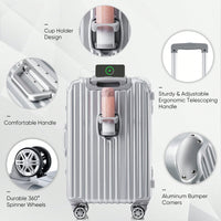 20in Aluminum Carry-On Luggage with USB Port Spinner Wheels TSA Lock and Cup Holder for Travel Business and Beach
