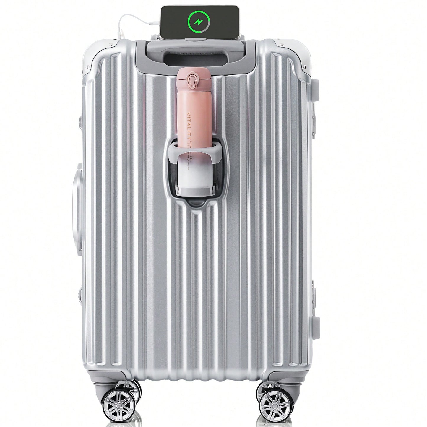 20in Aluminum Carry-On Luggage with USB Port Spinner Wheels TSA Lock and Cup Holder for Travel Business and Beach