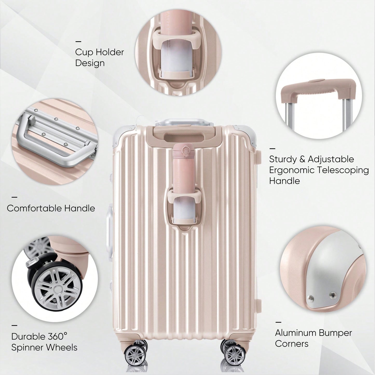 20in Aluminum Carry-On Luggage with USB Port Spinner Wheels TSA Lock and Cup Holder for Travel Business and Beach