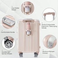 20in Aluminum Carry-On Luggage with USB Port Spinner Wheels TSA Lock and Cup Holder for Travel Business and Beach