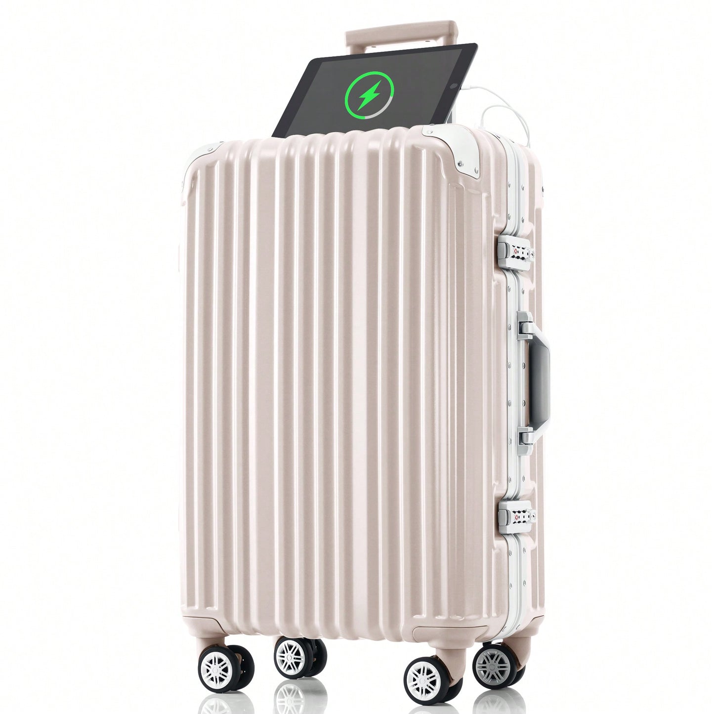 20in Aluminum Carry-On Luggage with USB Port Spinner Wheels TSA Lock and Cup Holder for Travel Business and Beach