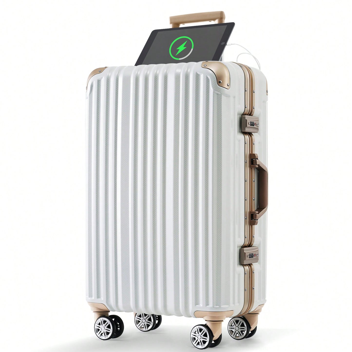 20in Aluminum Carry-On Luggage with USB Port Spinner Wheels TSA Lock and Cup Holder for Travel Business and Beach