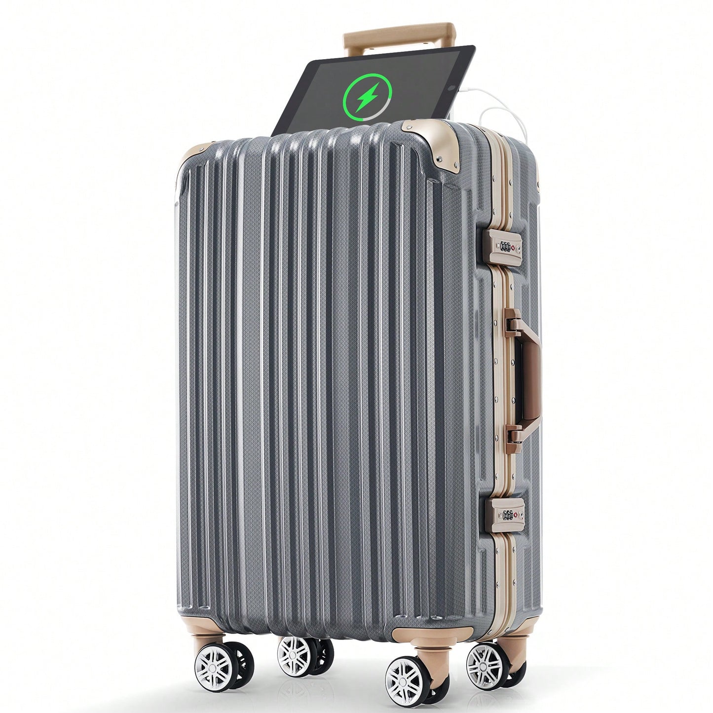 20in Aluminum Carry-On Luggage with USB Port Spinner Wheels TSA Lock and Cup Holder for Travel Business and Beach
