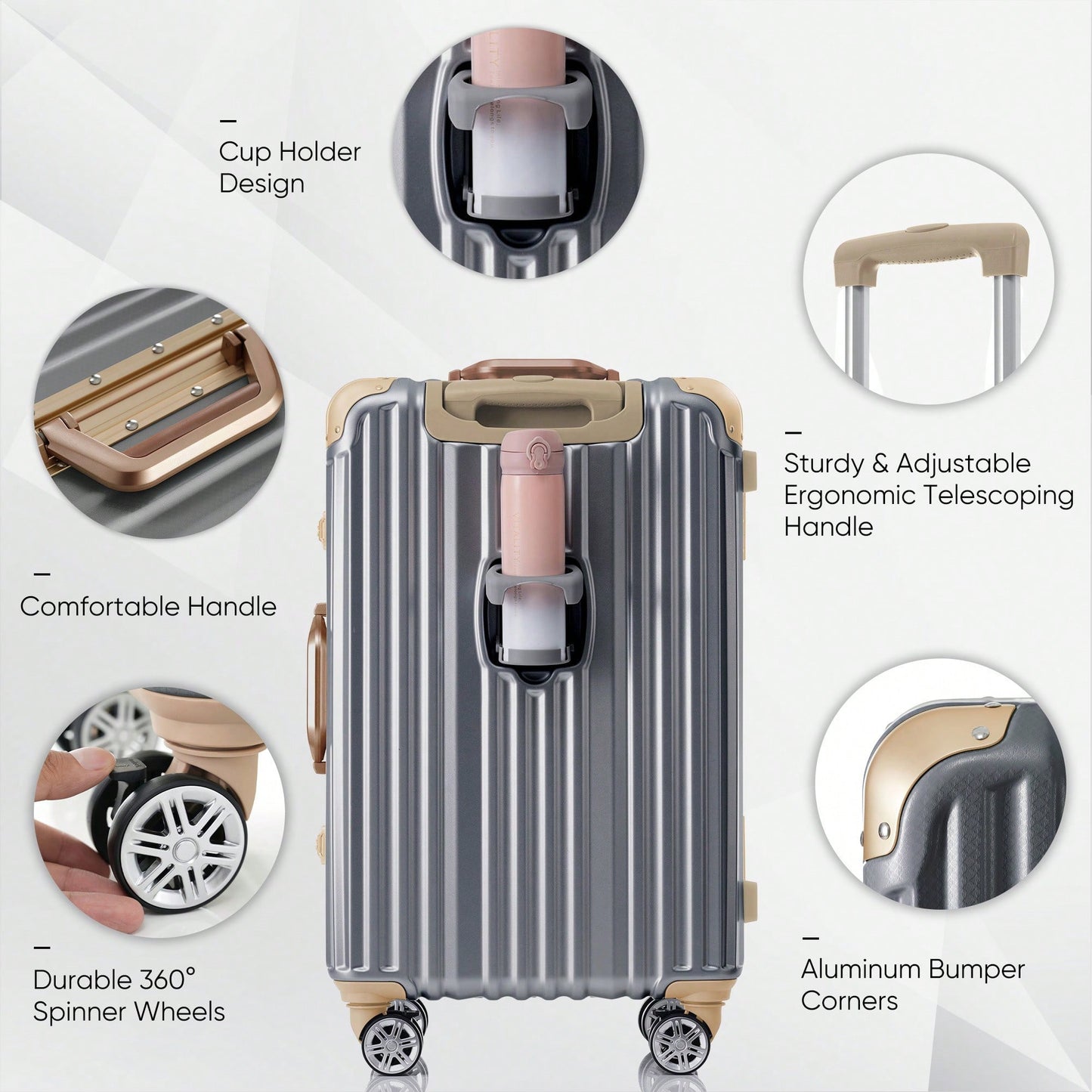 20in Aluminum Carry-On Luggage with USB Port Spinner Wheels TSA Lock and Cup Holder for Travel Business and Beach
