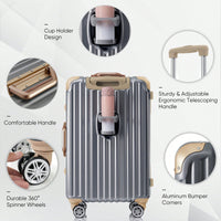 20in Aluminum Carry-On Luggage with USB Port Spinner Wheels TSA Lock and Cup Holder for Travel Business and Beach