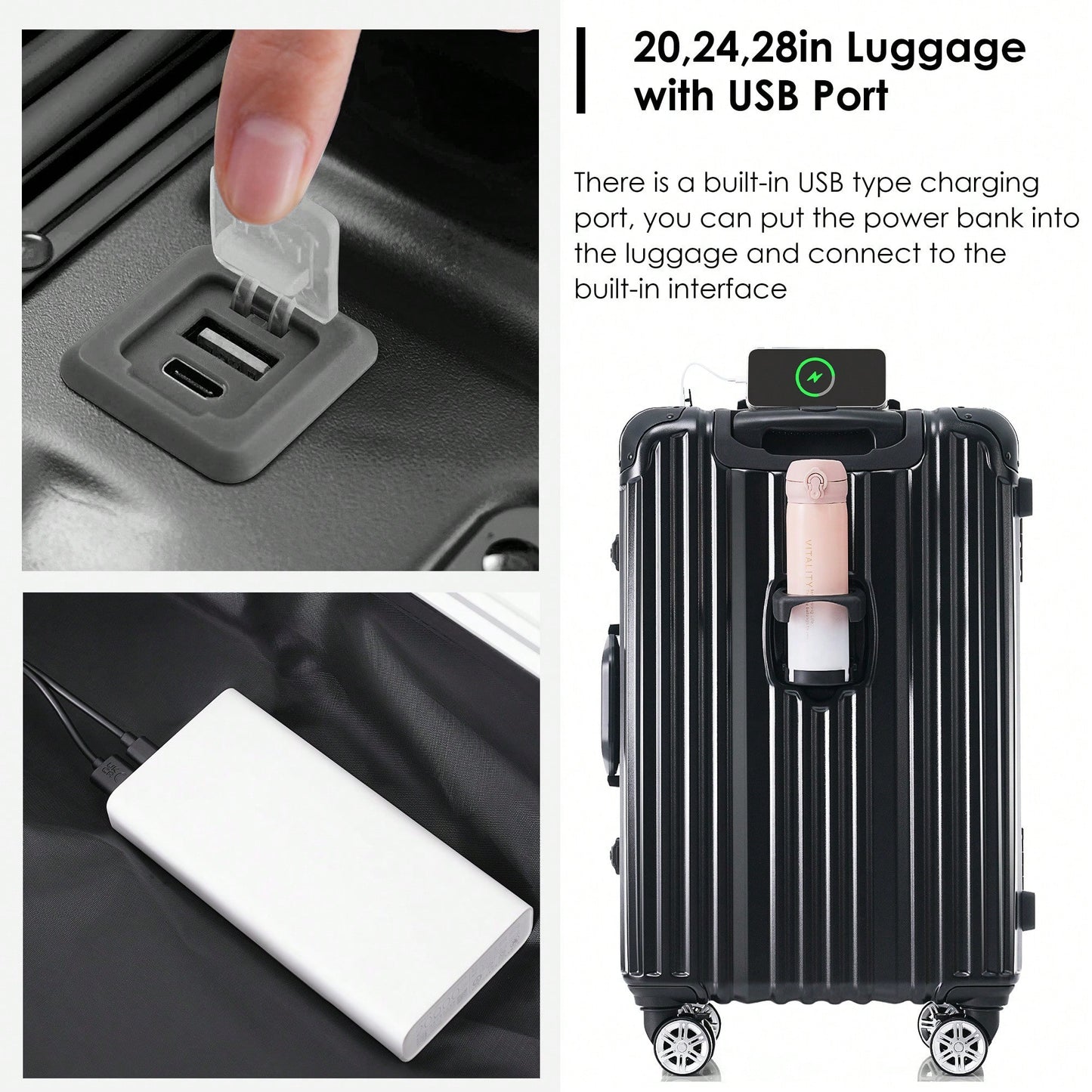 20in Aluminum Carry-On Luggage with USB Port Spinner Wheels TSA Lock and Cup Holder for Travel Business and Beach