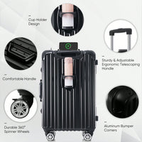 20in Aluminum Carry-On Luggage with USB Port Spinner Wheels TSA Lock and Cup Holder for Travel Business and Beach