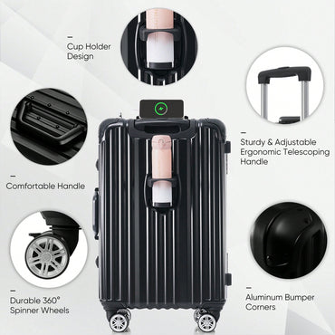 20in Aluminum Carry-On Luggage with USB Port Spinner Wheels TSA Lock and Cup Holder for Travel Business and Beach