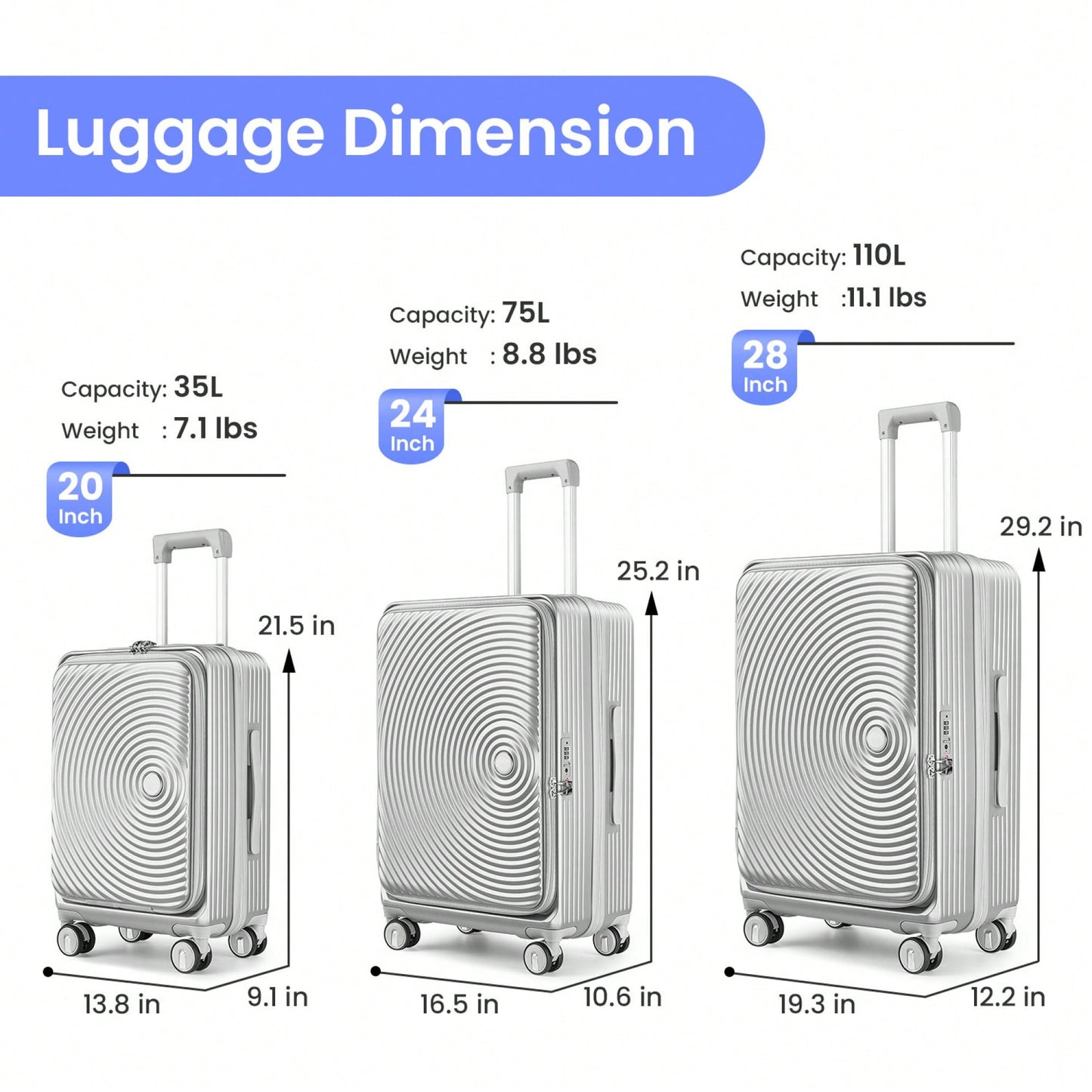 Lightweight 3 Piece Luggage Set with Laptop Compartment TSA Lock Hard Shell Suitcases and Spinner Wheels