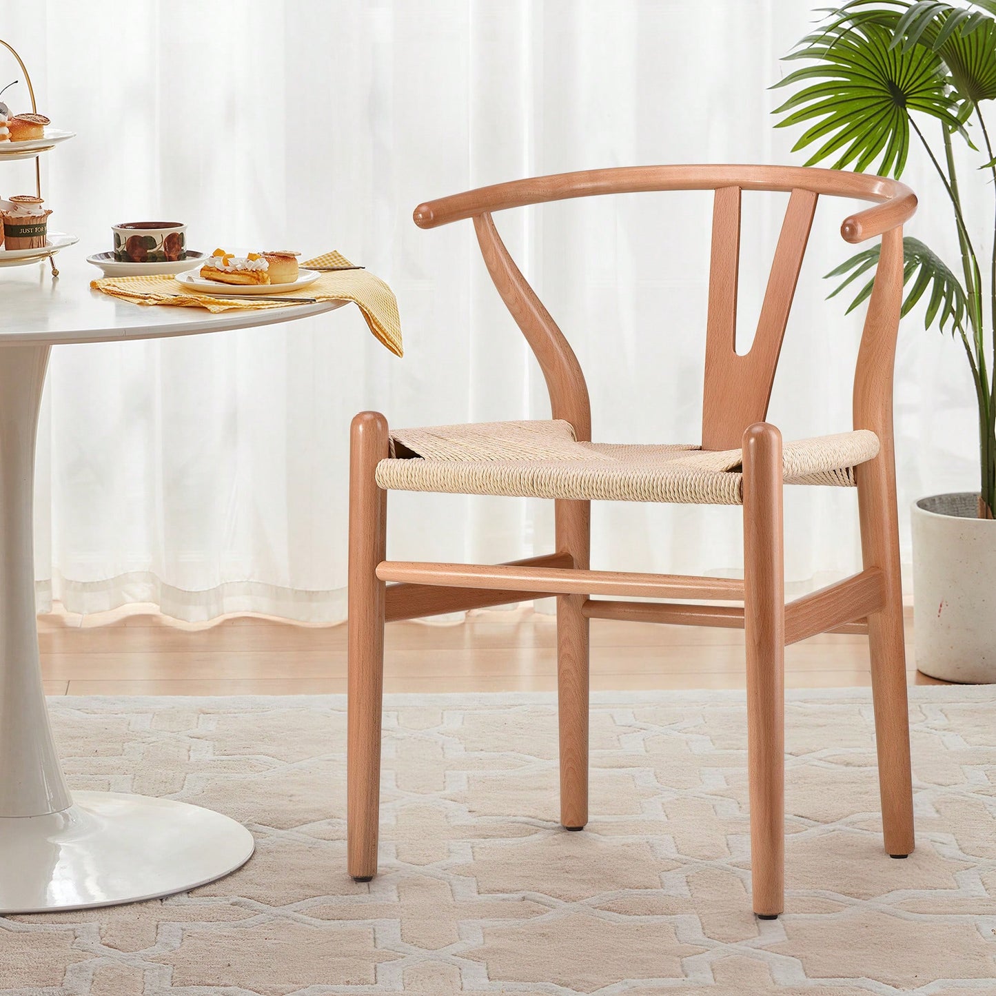 Mid-Century Solid Wood Weave Dining Armchair Set of 2 Ergonomic Wishbone Chairs Fully Assembled for Dining Room
