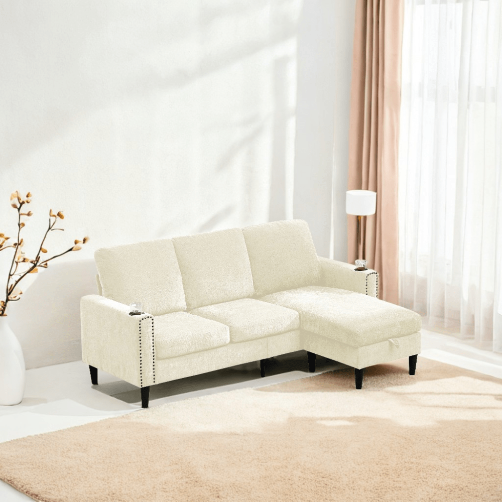 Modern L-Shape Chenille Sectional Sofa With Storage Chaise For Apartment Living Room Office Small Space