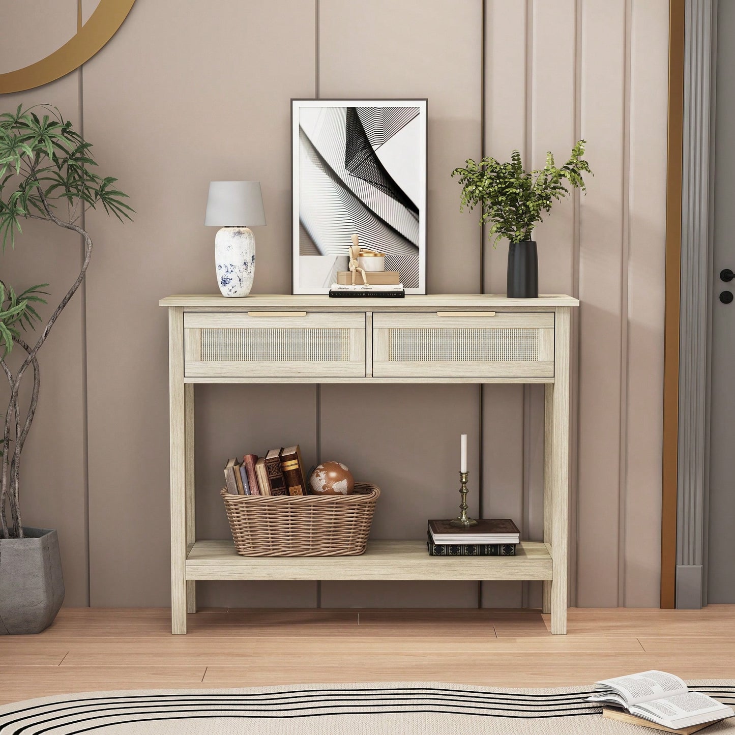 Boho Style Console Table With Rattan Drawers And Storage Shelf For Entryway And Living Room