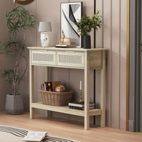 Boho Style Console Table With Rattan Drawers And Storage Shelf For Entryway And Living Room