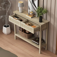 Boho Style Console Table With Rattan Drawers And Storage Shelf For Entryway And Living Room