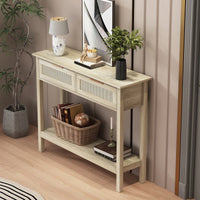 Boho Style Console Table With Rattan Drawers And Storage Shelf For Entryway And Living Room