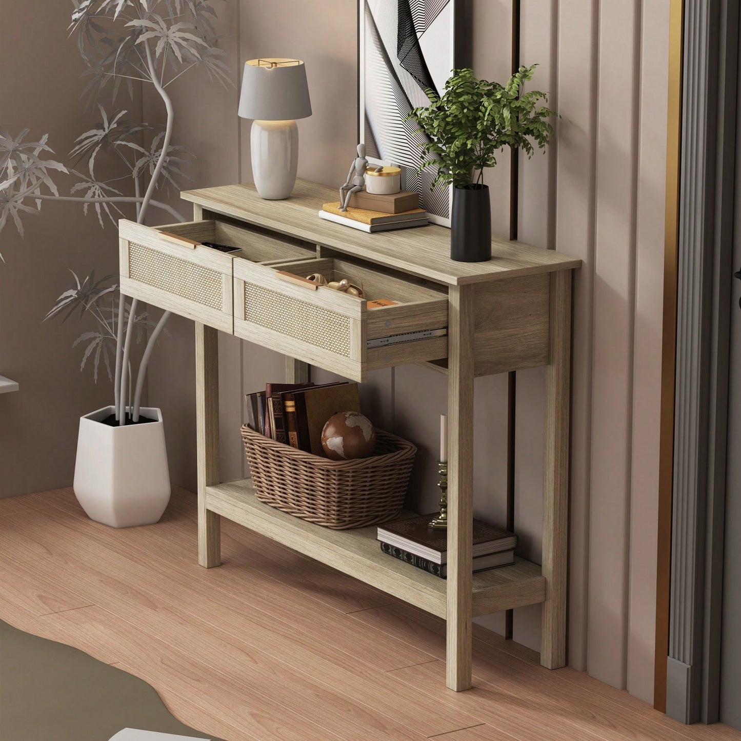 Boho Style Console Table With Rattan Drawers And Storage Shelf For Entryway And Living Room