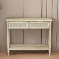 Boho Style Console Table With Rattan Drawers And Storage Shelf For Entryway And Living Room