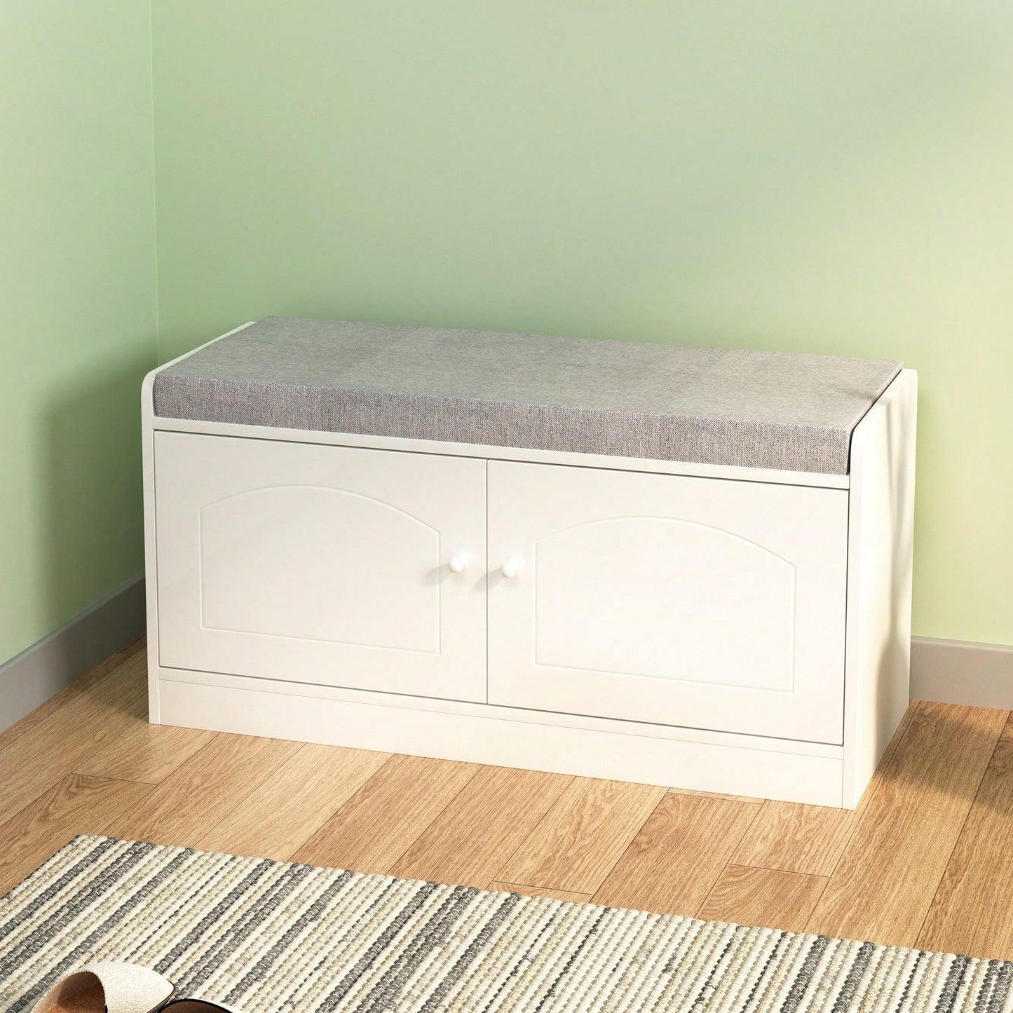 Stylish Shoe Storage Bench with Cushion Adjustable Shelves for Entryway Holds 12 Pairs Ventilated White Gray